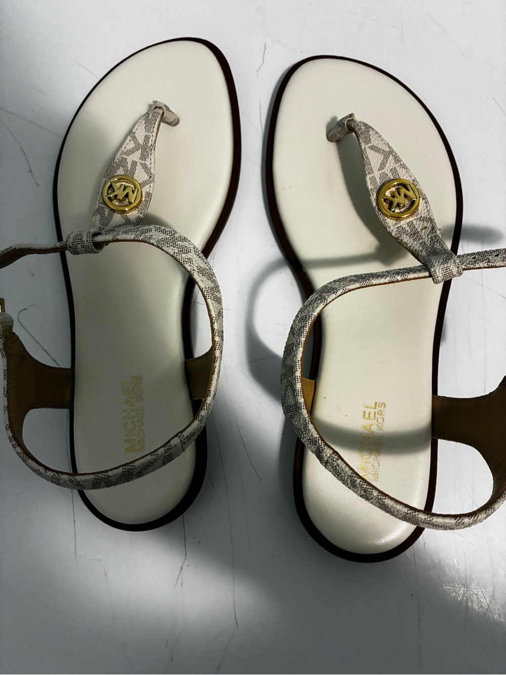 Michael Kors Cream and Beige Logo Thong Sandals with Gold MK Accent